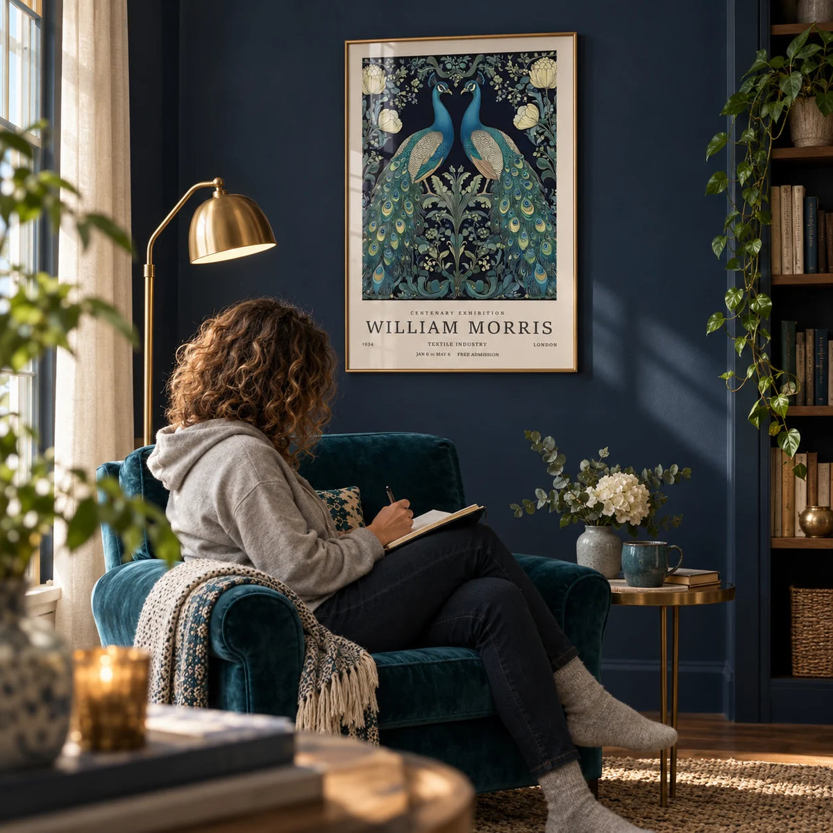 Large Peacock Wall Art, framed on the wall of a quiet reading corner with a deep navy wall in a living room