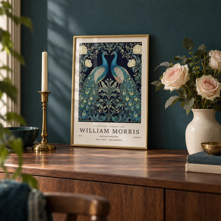 Large Peacock Wall Art, a small A4 framed print leaning on a walnut sideboard in a living room