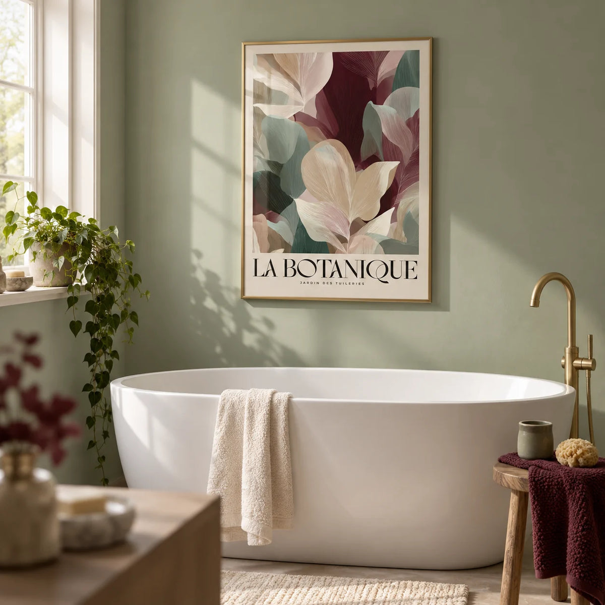 Large Prints for Living Room, framed on the wall of a calm bathroom with plain sage green painted walls