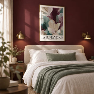 Large Prints for Living Room, framed on the wall of a calm bedroom with a deep burgundy painted wall