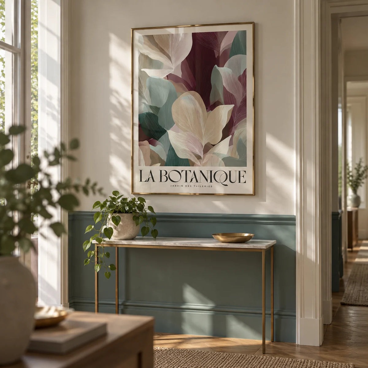 Large Prints for Living Room, framed on the wall of an elegant hallway with a dusty teal painted lower wall
