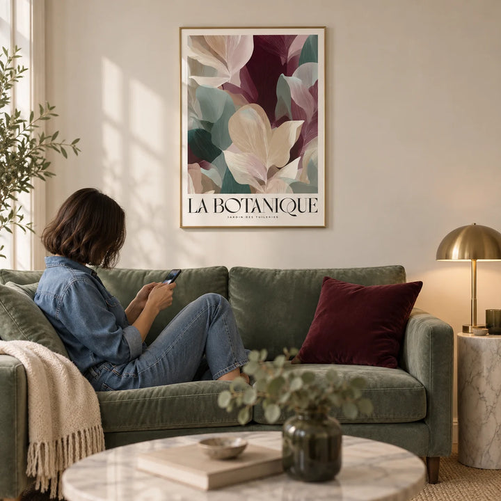 Large Prints for Living Room, framed on the wall of an elegant living room with a soft cream wall