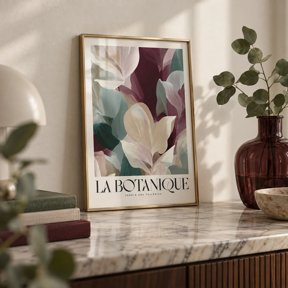 Large Prints for Living Room, a small A4 framed print leaning on a marble side table in a hallway