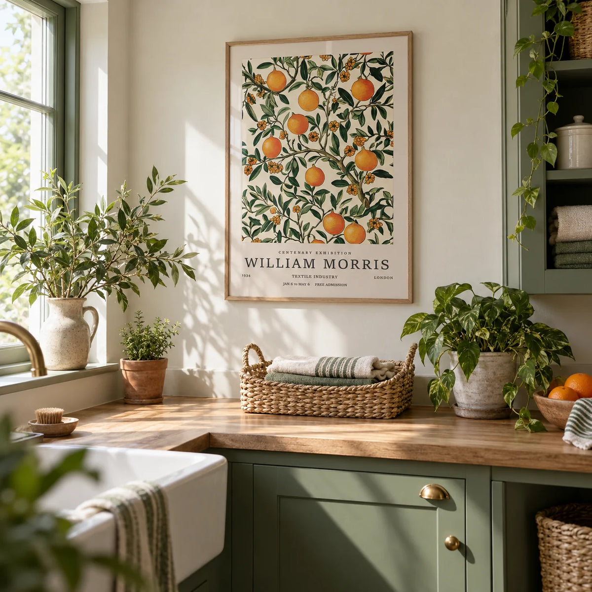 Large Vintage Posters, framed on the wall of a bright utility room with a cream wall and green painted cabinets in a laundry room