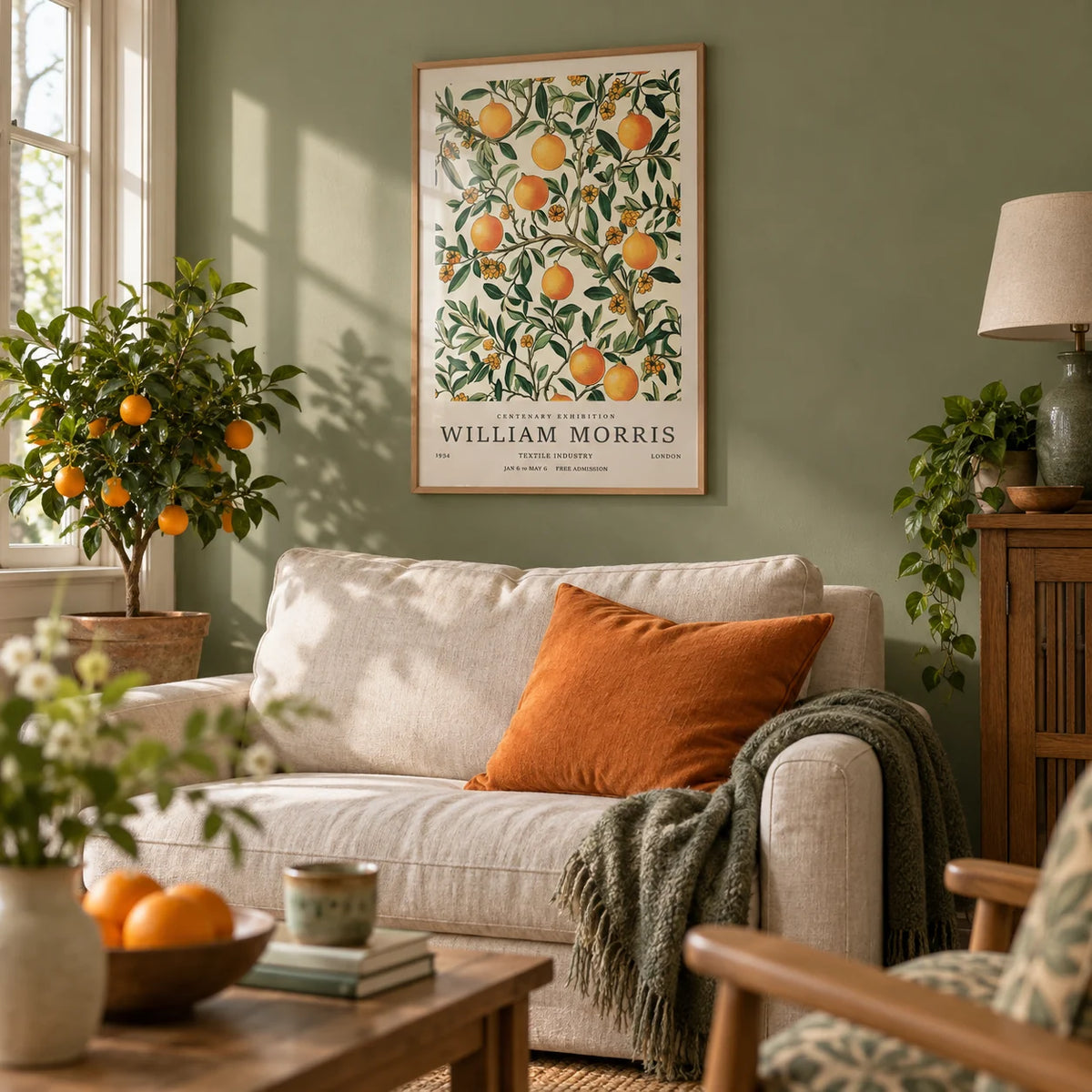 Large Vintage Posters, framed on the wall of a calm Arts and Crafts living room with a sage green painted wall