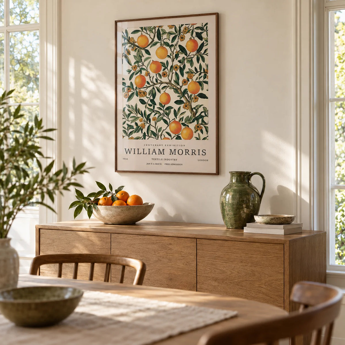 Large Vintage Posters, framed on the wall of a light dining room with a cream wall and big windows