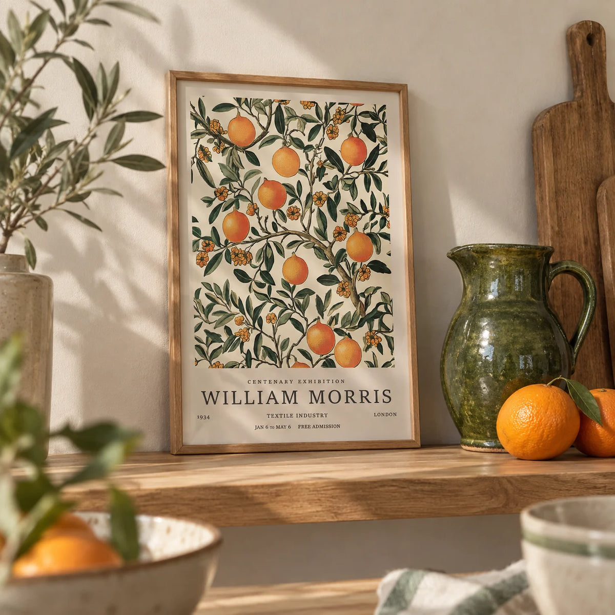 Large Vintage Posters, a small A4 framed print leaning on an oak kitchen shelf