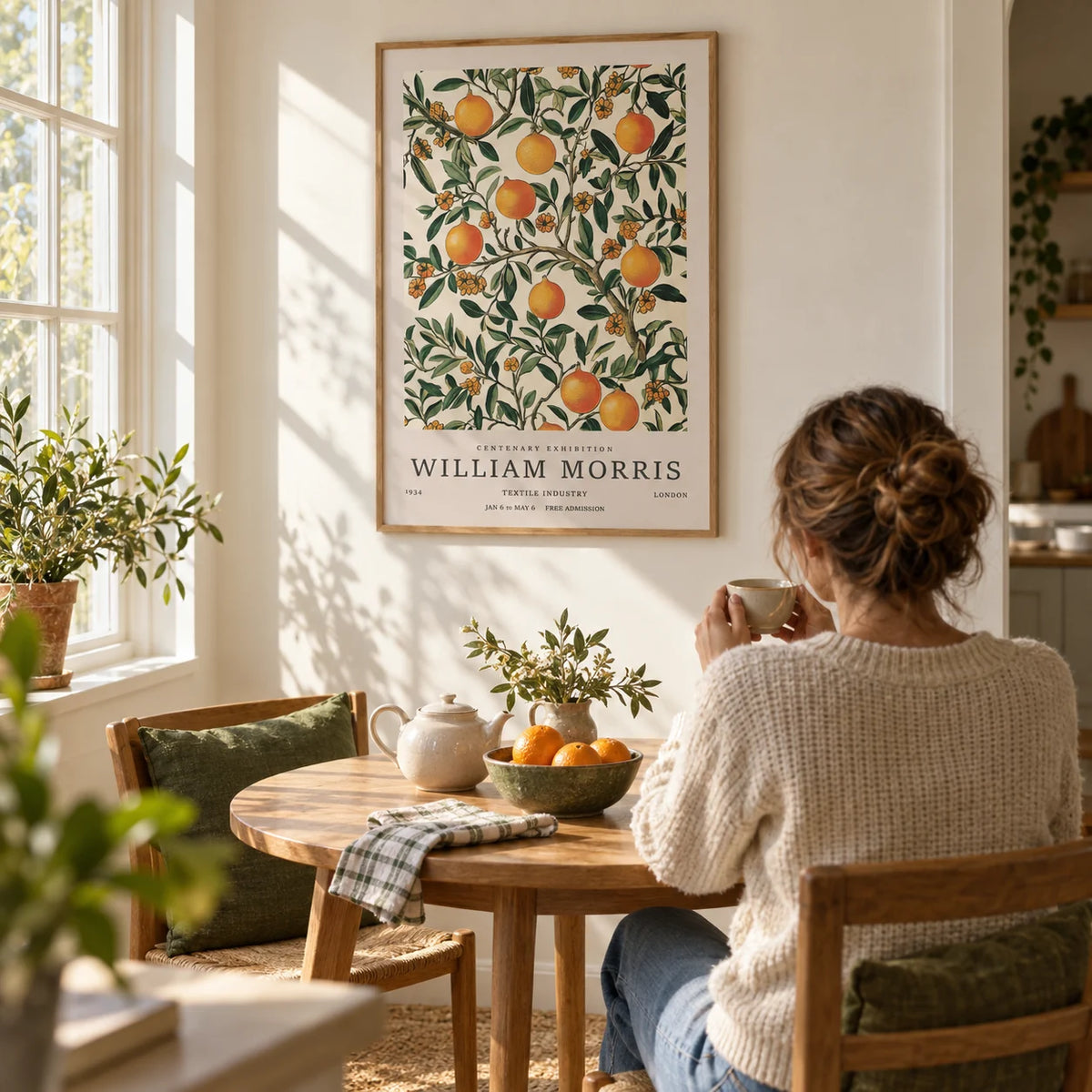 Large Vintage Posters, framed on the wall of a sunny breakfast nook with a warm white wall in a kitchen