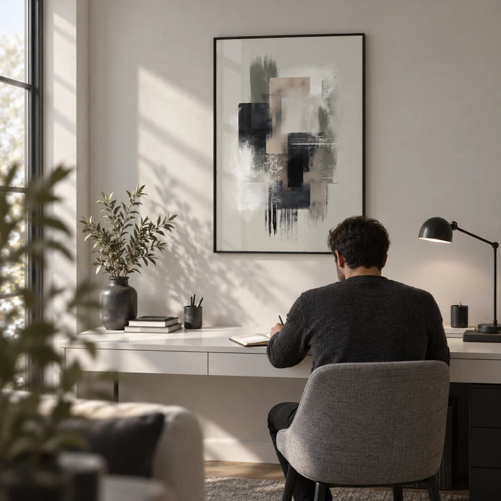 Large Wabi Sabi Print, framed on the wall of a calm home office with a pale grey wall