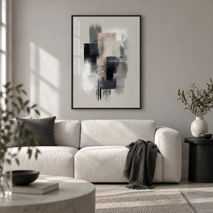 Large Wabi Sabi Print, framed on the wall of a minimalist living room with a soft grey wall and a pale concrete floor
