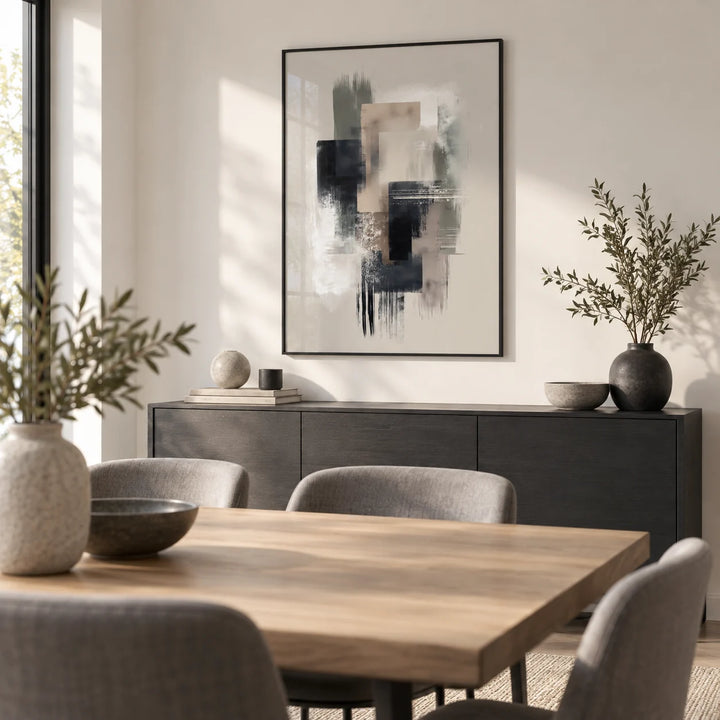 Large Wabi Sabi Print, framed on the wall of a modern dining room with a warm white wall