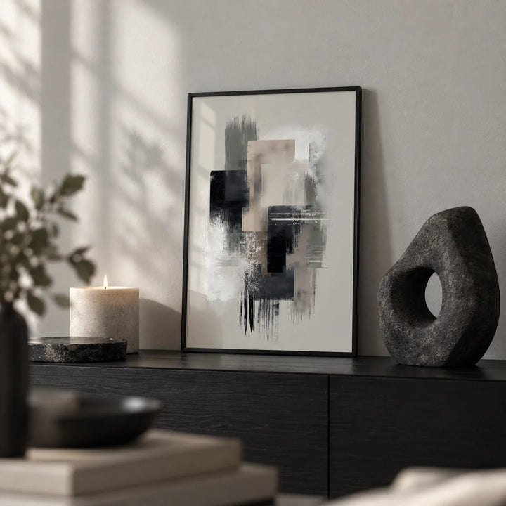 Large Wabi Sabi Print, a small A4 framed print leaning on a black side table in a hallway