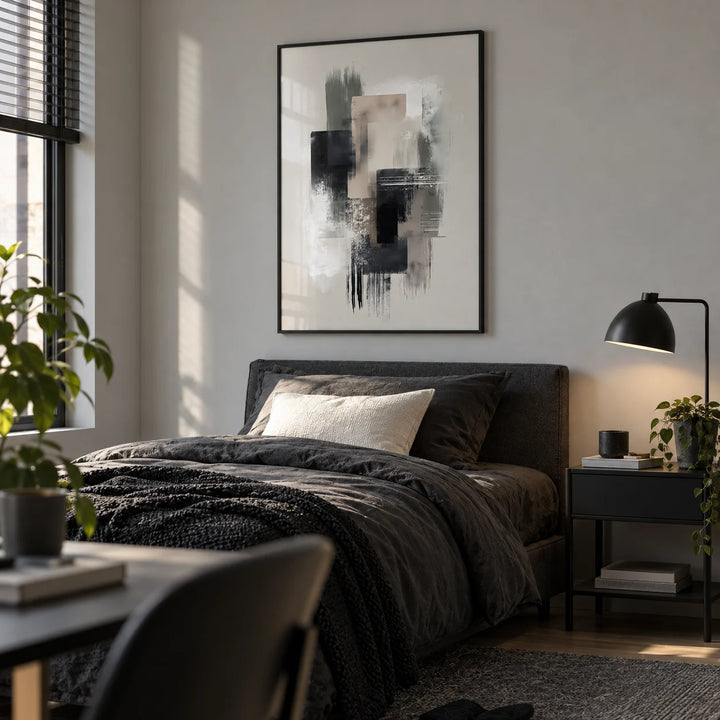 Large Wabi Sabi Print, framed on the wall of a tidy young man's single bedroom (19-26) with a light grey wall