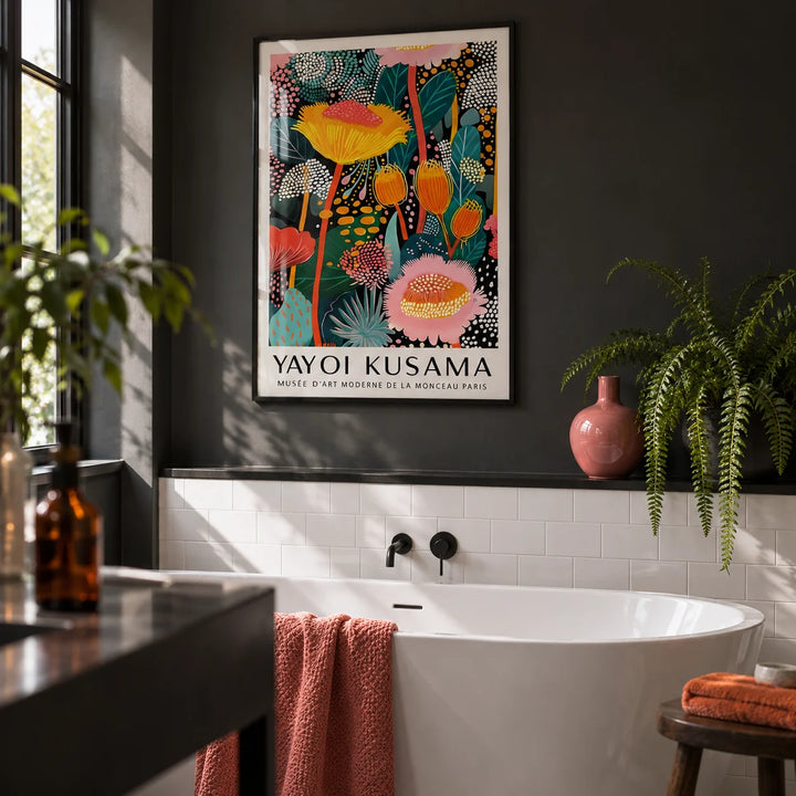 Large Wall Art Modern, framed on the wall of a dark modern bathroom with a charcoal painted wall and plain white tiles