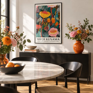 Large Wall Art Modern, framed on the wall of a modern dining room with a white wall