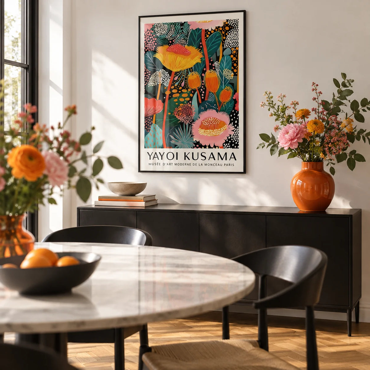 Large Wall Art Modern, framed on the wall of a modern dining room with a white wall