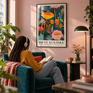 Large Wall Art Modern, framed on the wall of a reading corner in a city flat with a soft pink wall in a living room