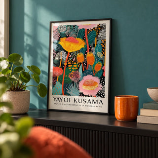 Large Wall Art Modern, a small A4 framed print leaning on a black shelf in a living room