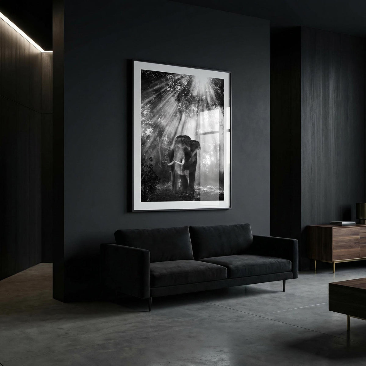 Modern living room with a dark sofa and a large framed black and white photograph on the wall.