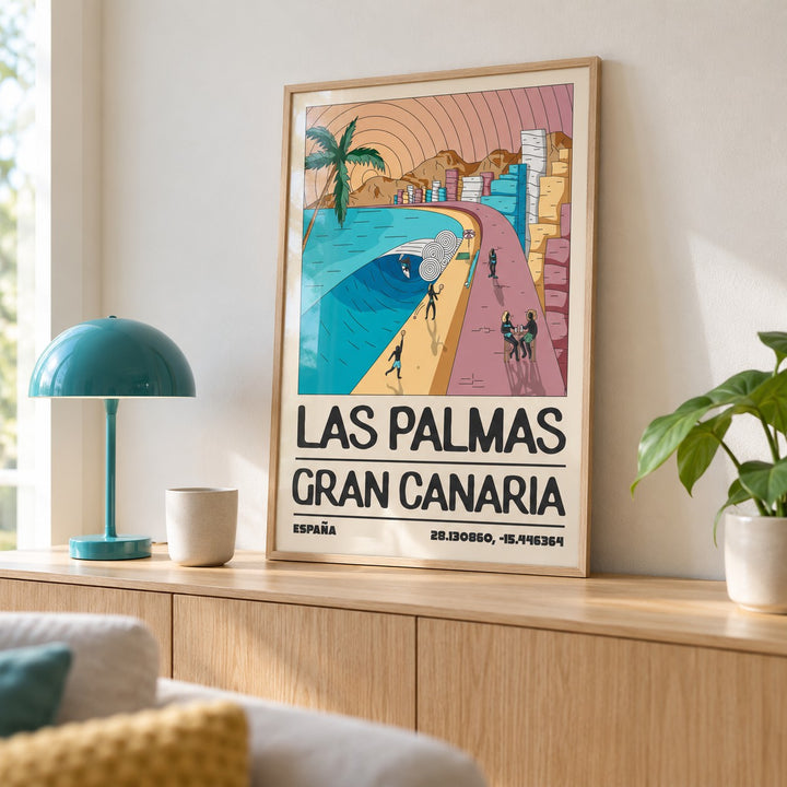 Las Palmas Art Print shown in a living room, leaning on an oak console (frame not included)