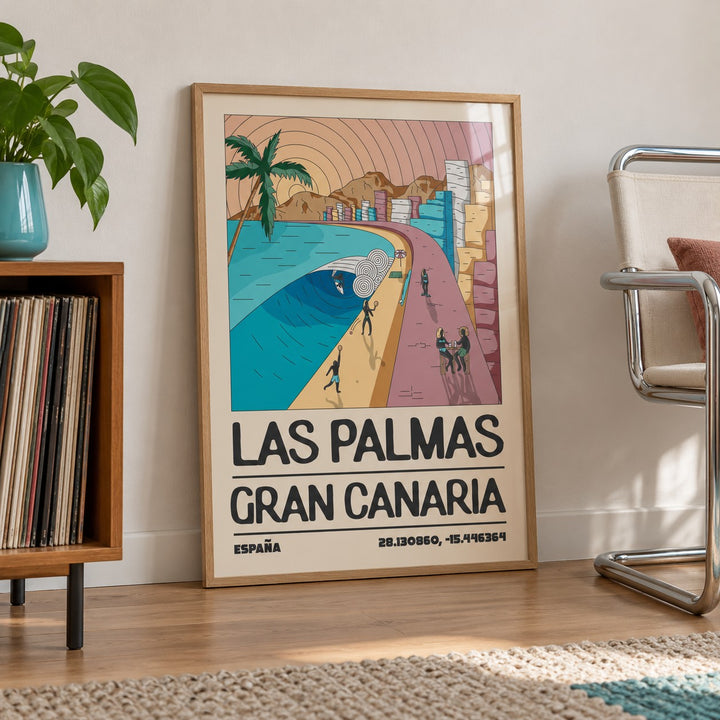 Las Palmas Art Print shown in a living room, leaning on the floor by a chrome chair (frame not included)