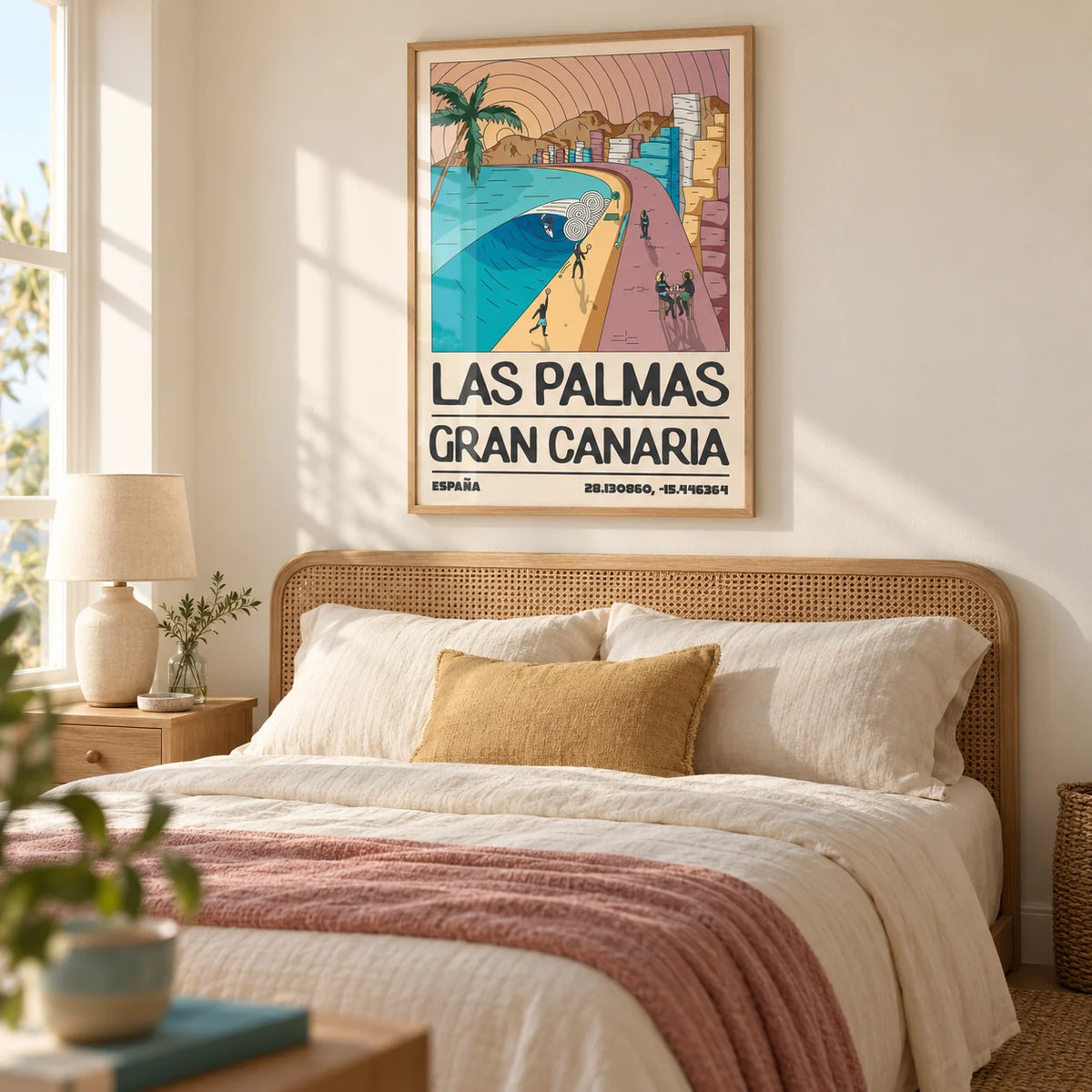 Las Palmas Art Print, framed on the wall of a relaxed coastal double bedroom in a UK home with warm cream walls and a cane headboard
