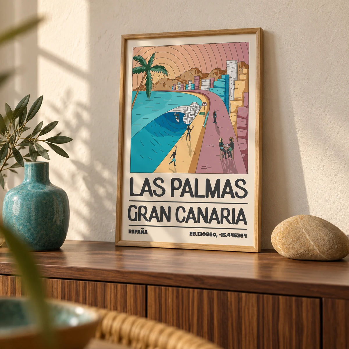 Las Palmas Art Print, a small A4 framed print leaning on a walnut side table in a hallway