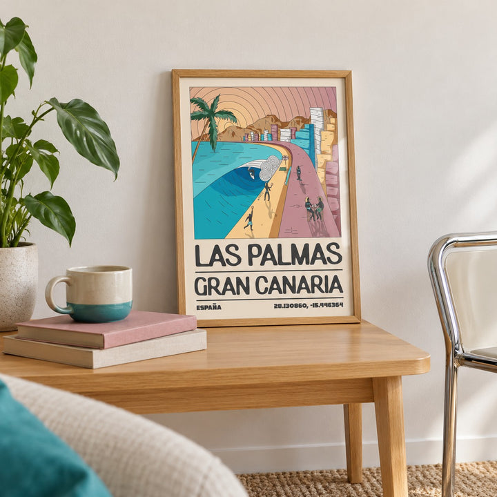 Las Palmas Art Print shown in the small A4 size on a side table (frame not included)
