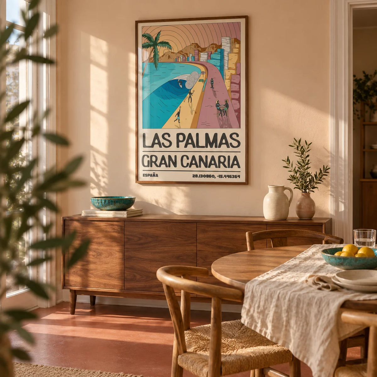 Las Palmas Art Print, framed on the wall of a sunlit dining room in a characterful UK flat with pale peach walls and a plain terracotta floor