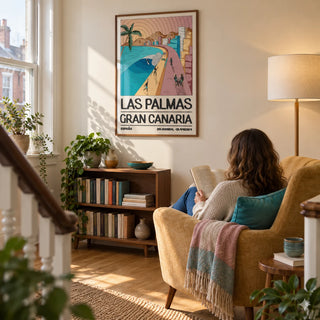 Las Palmas Art Print, framed on the wall of a warm reading corner on a spacious landing in a UK terraced house with cream walls and oak floorboards in a living room