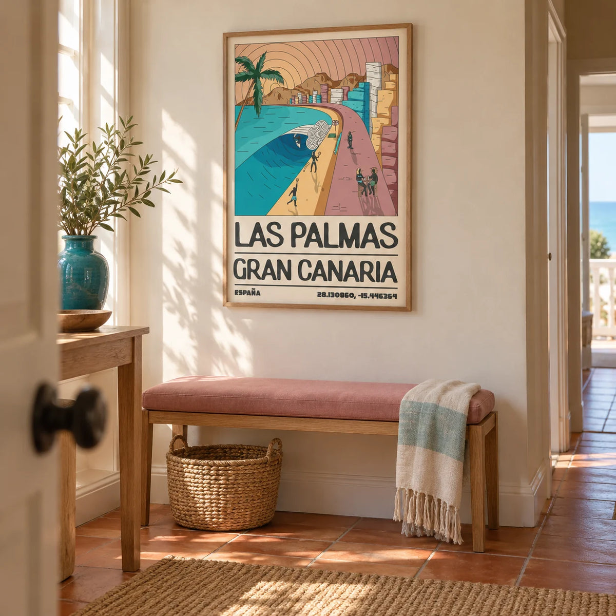 Las Palmas Art Print, framed on the wall of a welcoming hallway in a UK seaside terrace with pale cream walls and a plain terracotta floor