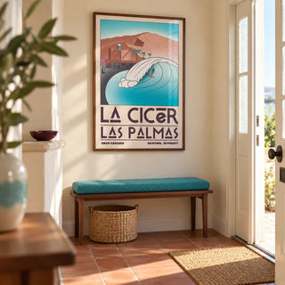 Las Palmas Wall Art, framed on the wall of a bright entrance hallway in a UK seaside home with warm cream walls and plain terracotta floor tiles