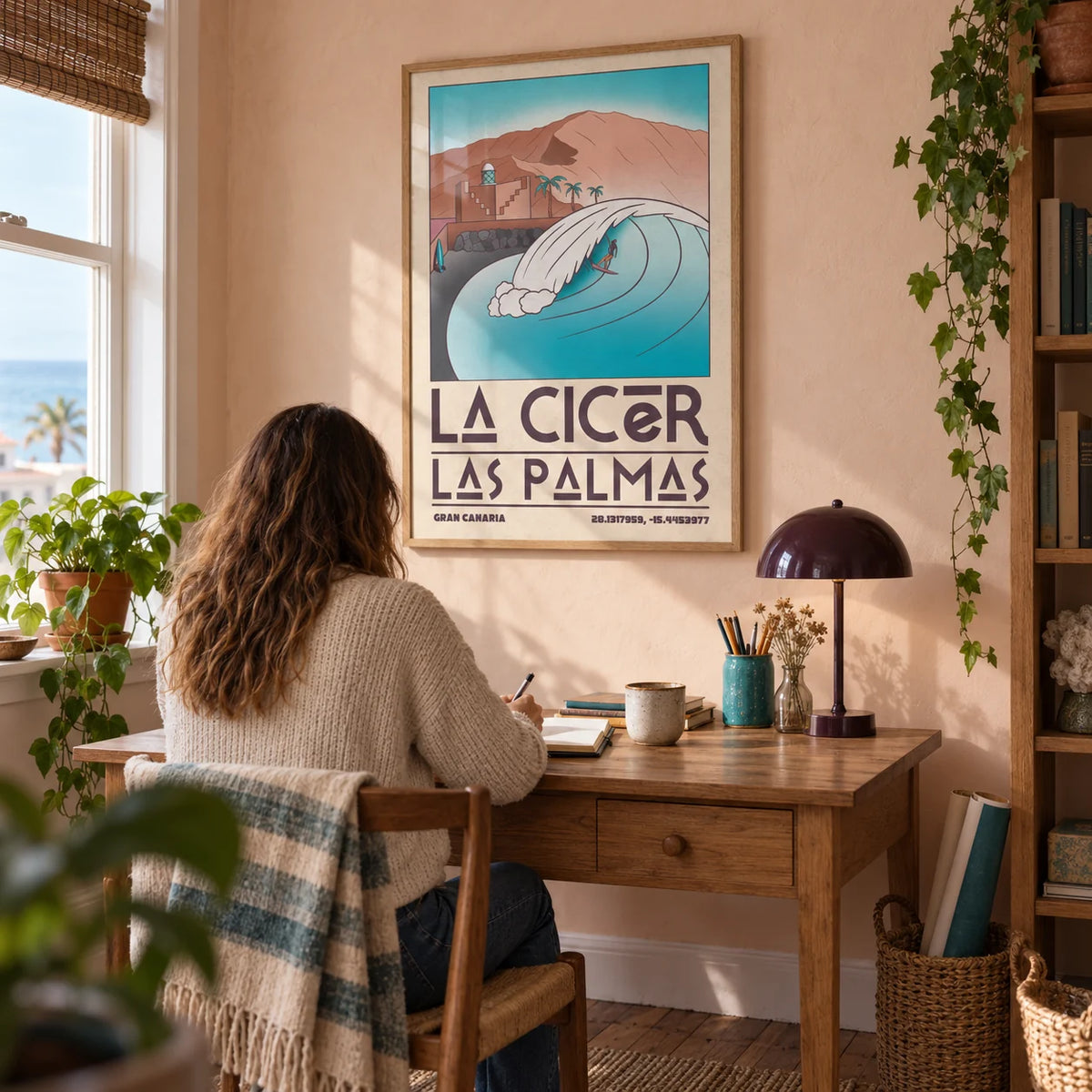 Las Palmas Wall Art, framed on the wall of a characterful small home study in a UK coastal flat with pale peach plaster walls and stripped floorboards