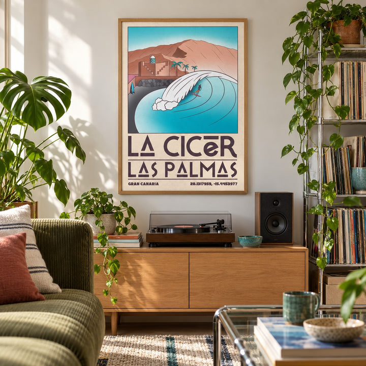 Las Palmas Wall Art shown in a city apartment record corner (frame not included)