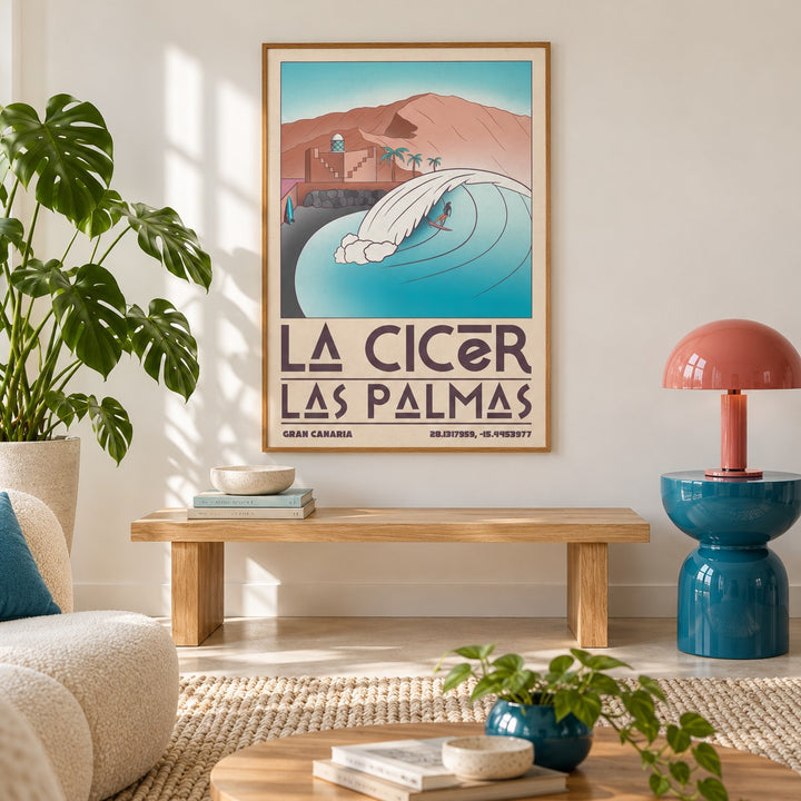 Las Palmas Wall Art shown in a minimalist living room with an oak bench (frame not included)