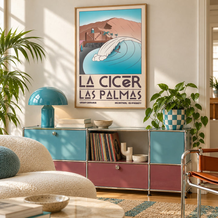 Las Palmas Wall Art shown in a playful living room with a retro modular sideboard (frame not included)