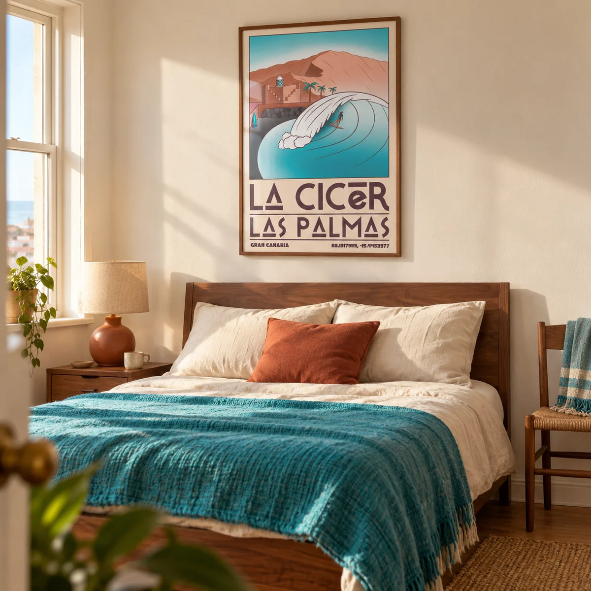 Las Palmas Wall Art, framed on the wall of a relaxed surfer's bedroom in a UK seaside terrace with a warm white wall and walnut furniture