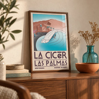 Las Palmas Wall Art, a small A4 framed print leaning on a walnut sideboard in a living room
