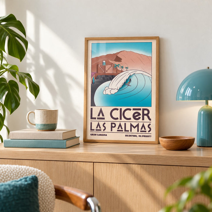 Las Palmas Wall Art shown in the small A4 size on a shelf (frame not included)