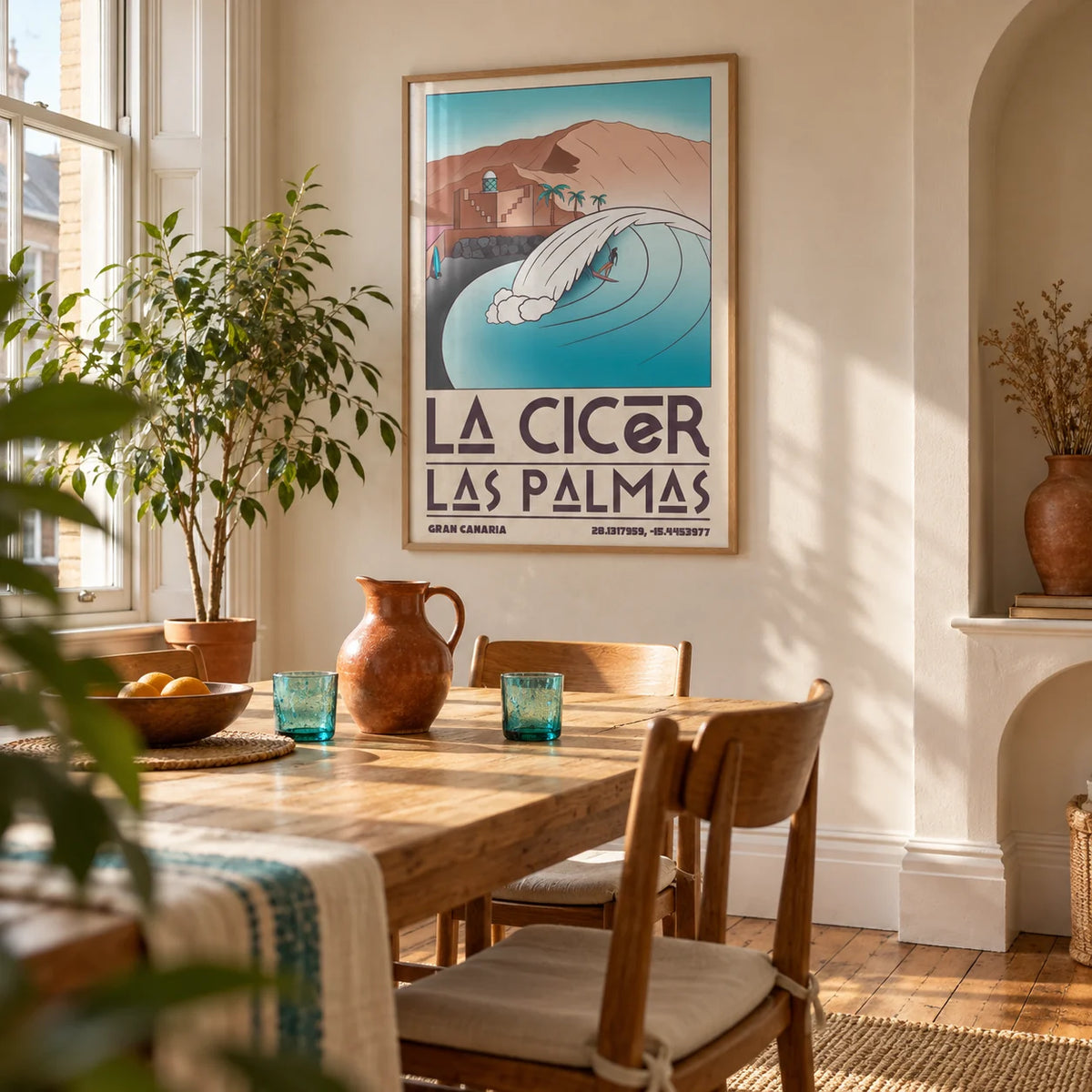 Las Palmas Wall Art, framed on the wall of a sunlit dining nook in a UK Victorian flat with cream walls