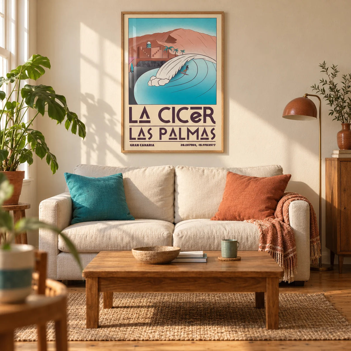 Las Palmas Wall Art, framed on the wall of a warm coastal living room in a UK first flat (22-28)