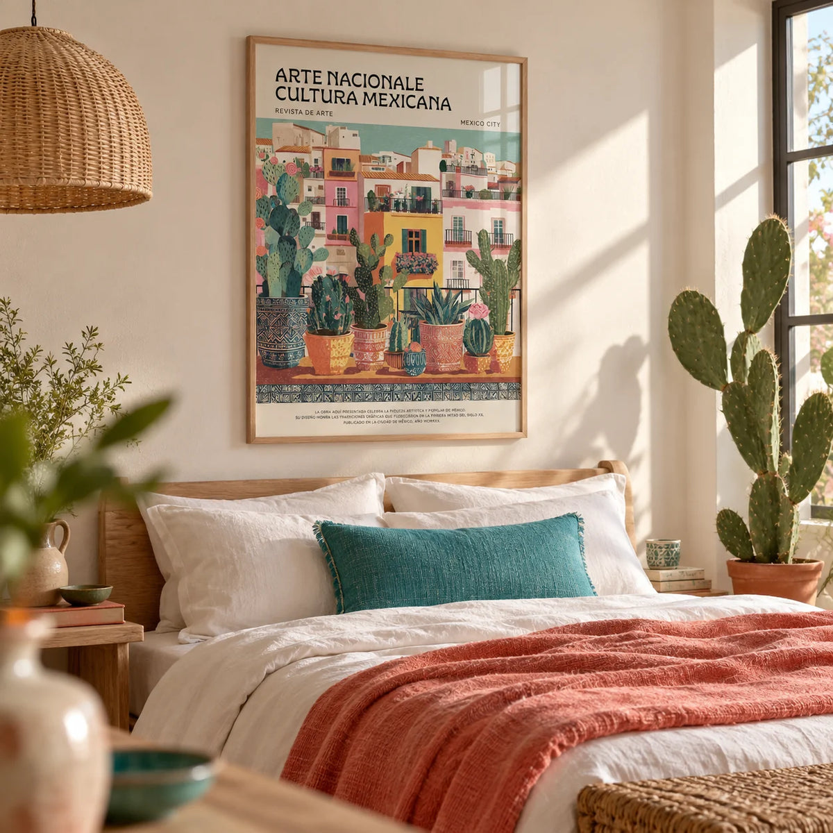 Latin American Wall Art, framed on the wall of a bright bedroom