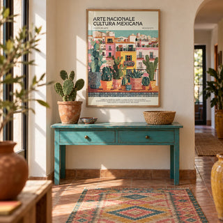Latin American Wall Art, framed on the wall of a colourful hallway