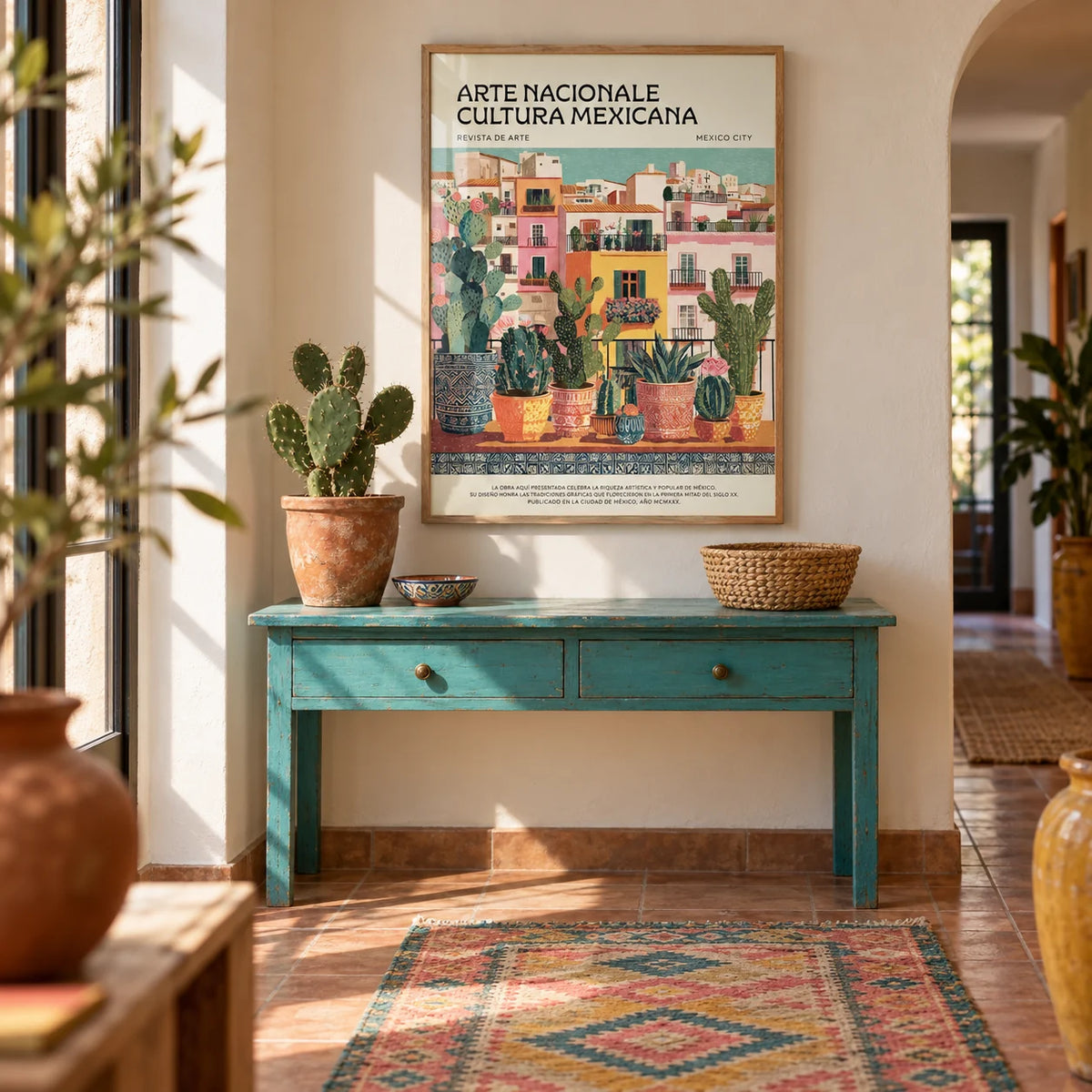 Latin American Wall Art, framed on the wall of a colourful hallway