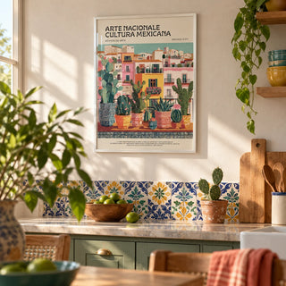 Latin American Wall Art, framed on the wall of a colourful kitchen