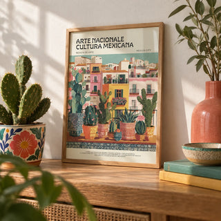Latin American Wall Art, a small A4 framed print leaning on a wooden shelf in a living room