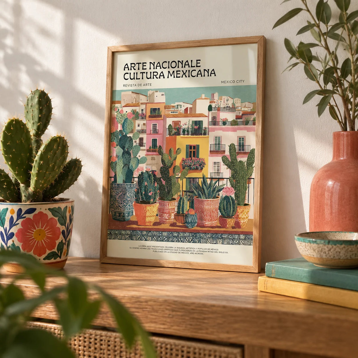 Latin American Wall Art, a small A4 framed print leaning on a wooden shelf in a living room