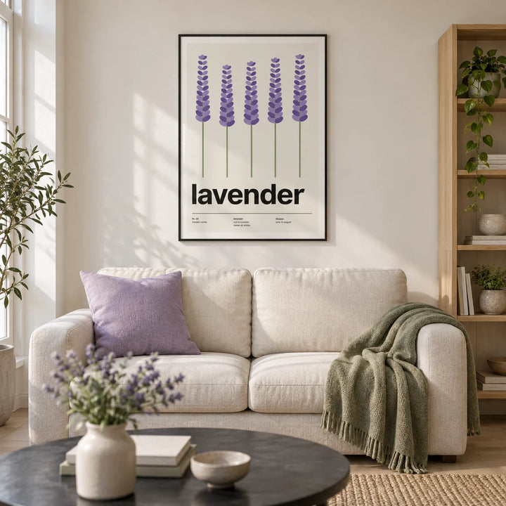 Lavender Wall Art, framed on the wall of a modern living room in a UK townhouse with warm white walls and pale oak floorboards