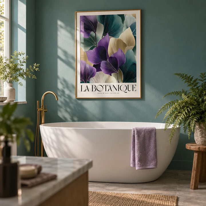 Leaf Art Prints, framed on the wall of a calm bathroom with plain teal walls