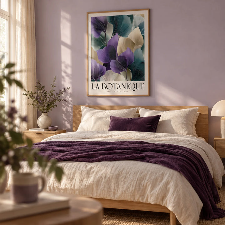 Leaf Art Prints, framed on the wall of a calm bedroom with a soft lilac wall